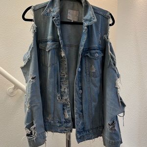 Cold shoulder super distressed jean jacket